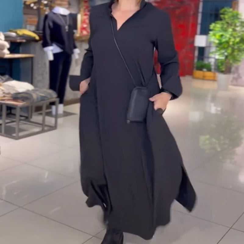 Sophia | Długa Luźna Sukienka z Kołnierzem i Eleganckim Rozporkiem